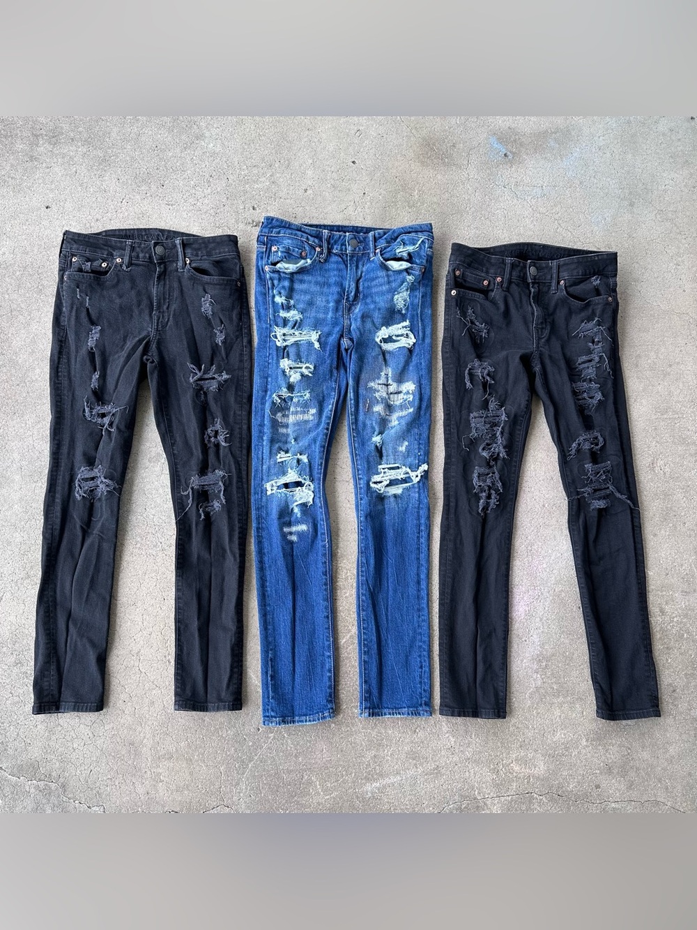 Lot of 3 American Eagle Airflex+ Distressed Skinny Jeans Men's 29x30 Black Blue